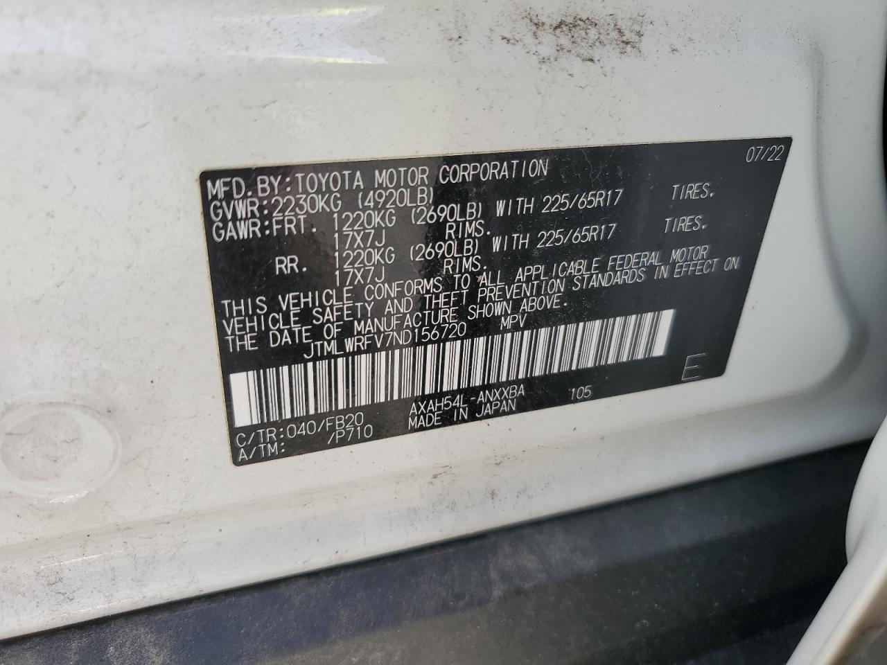 2022 Toyota Rav4 Le VIN: JTMLWRFV7ND156720 Lot: 69023025