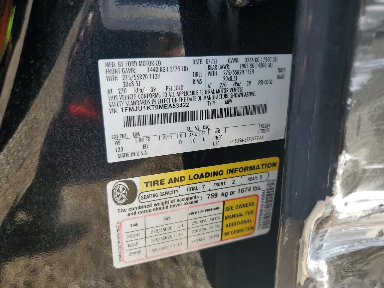 2021 Ford Expedition Limited VIN: 1FMJU1KT0MEA53422 Lot: 68414945