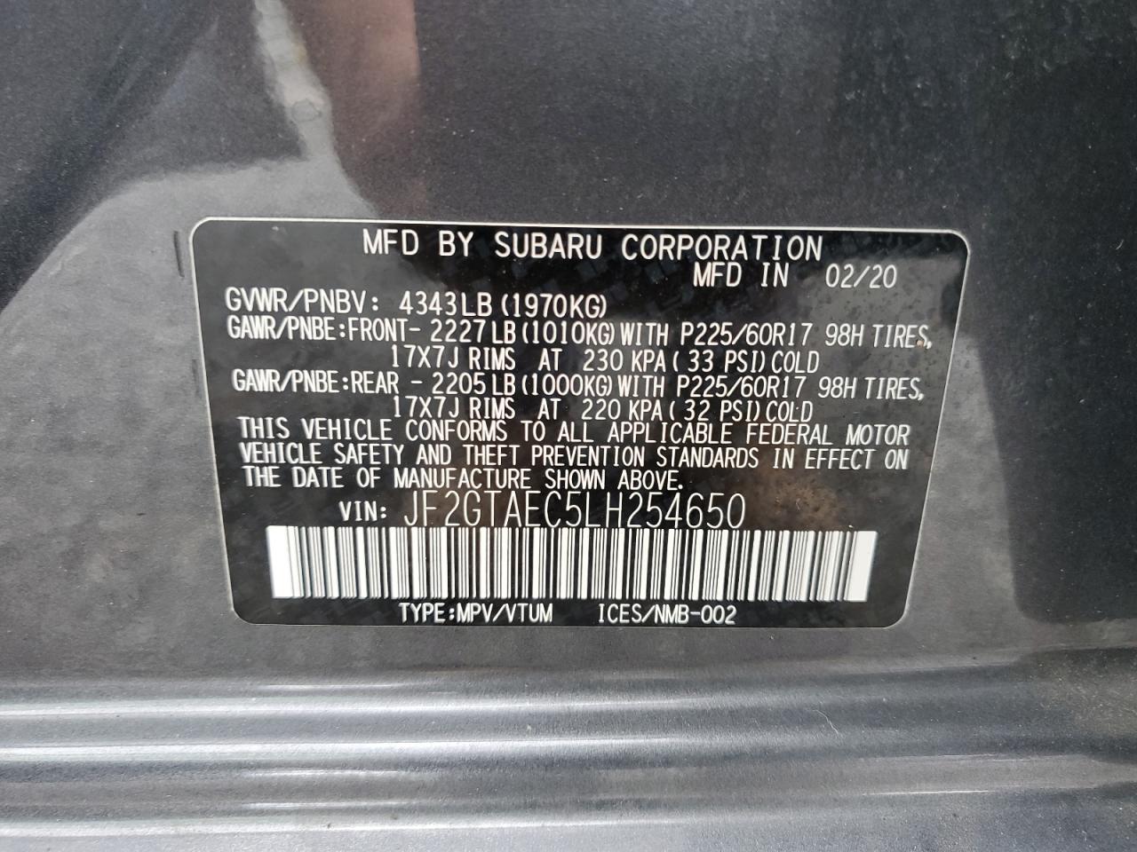 2020 Subaru Crosstrek Premium VIN: JF2GTAEC5LH254650 Lot: 70713655