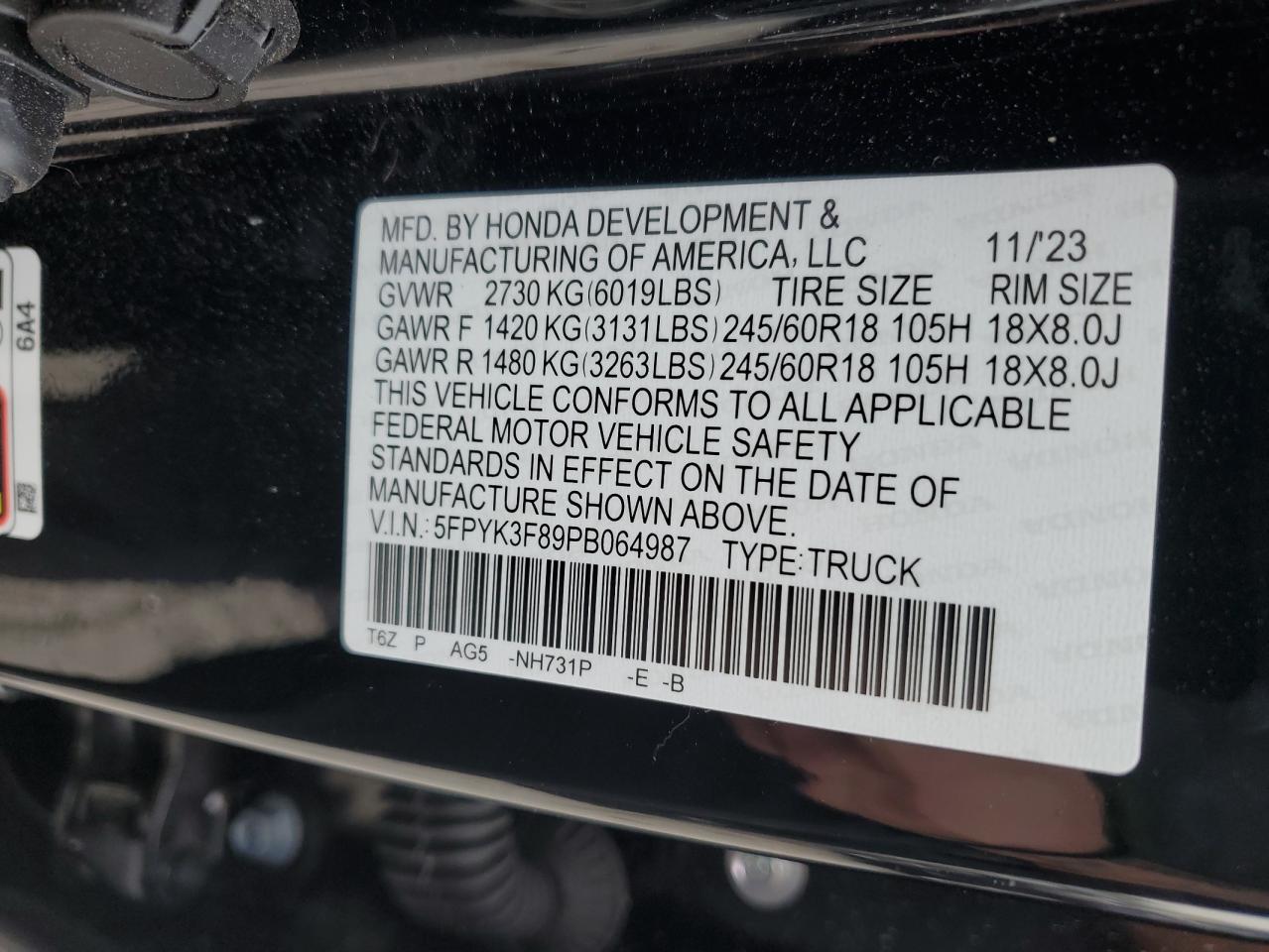 2023 Honda Ridgeline Black Edition VIN: 5FPYK3F89PB064987 Lot: 67356255