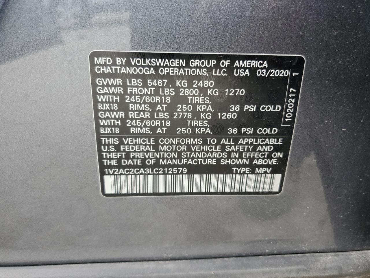 2020 Volkswagen Atlas Cross Sport S VIN: 1V2AC2CA3LC212579 Lot: 69363935