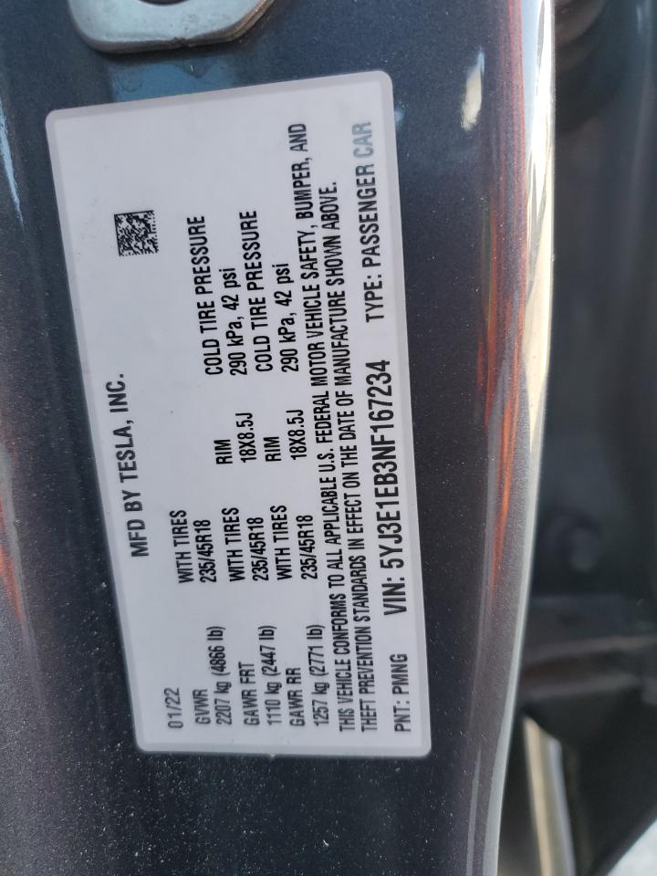 2022 Tesla Model 3 VIN: 5YJ3E1EB3NF167234 Lot: 66498275