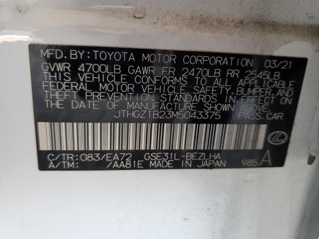 2021 Lexus Is 350 F Sport VIN: JTHGZ1B23M5043375 Lot: 67733235