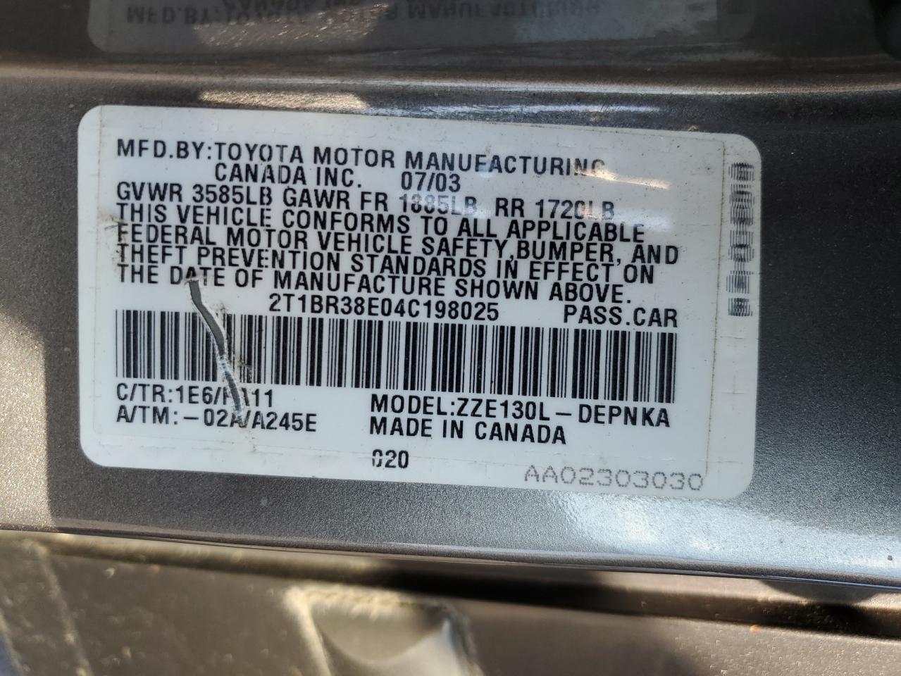 2004 Toyota Corolla Ce VIN: 2T1BR38E04C198025 Lot: 70786895