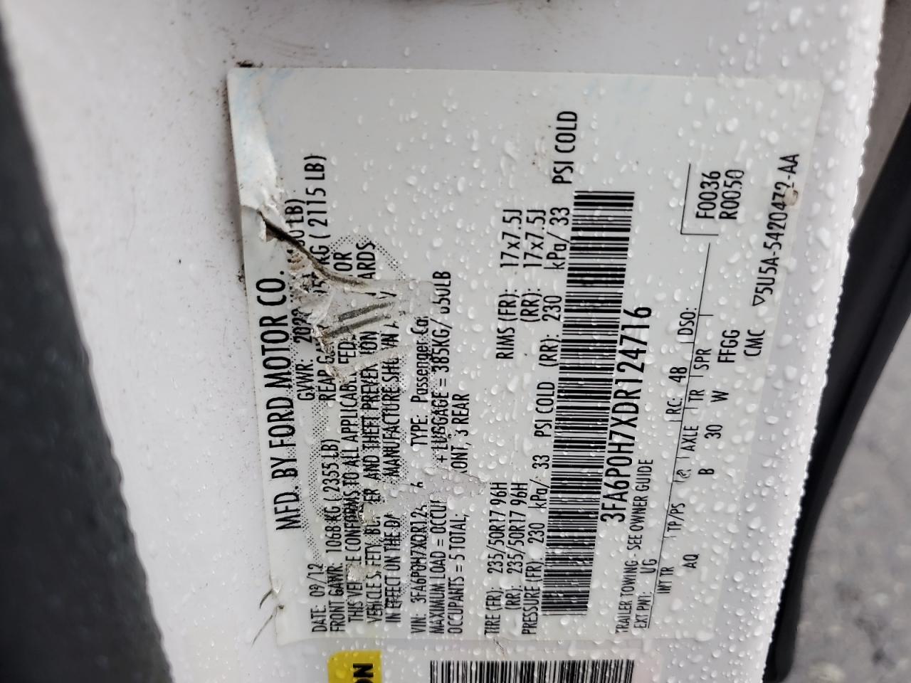 2013 Ford Fusion Se VIN: 3FA6P0H7XDR124716 Lot: 68302335