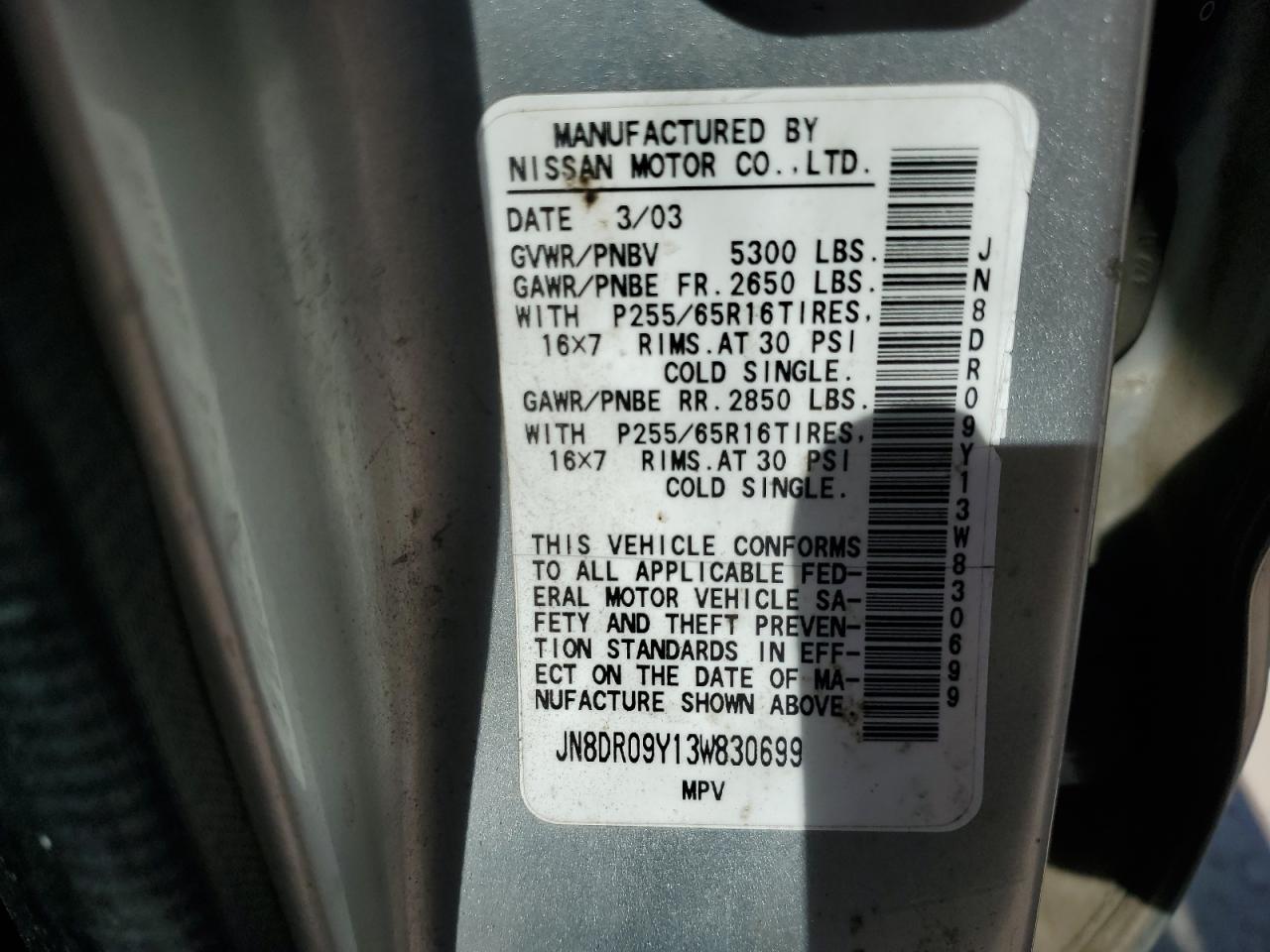 2003 Nissan Pathfinder Le VIN: JN8DR09Y13W830699 Lot: 69198205