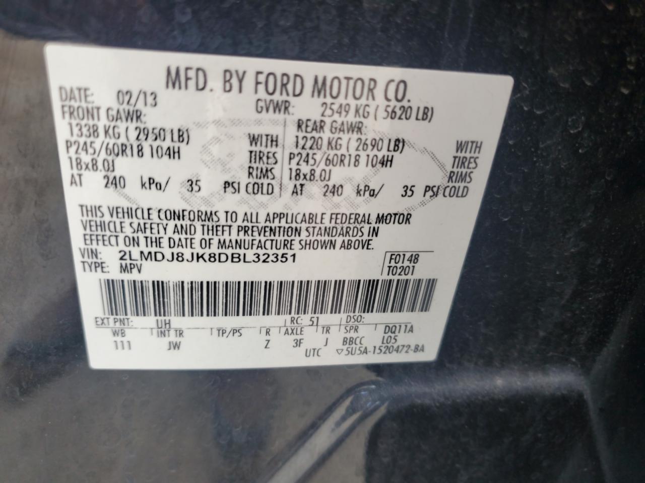 2013 Lincoln Mkx VIN: 2LMDJ8JK8DBL32351 Lot: 80436015