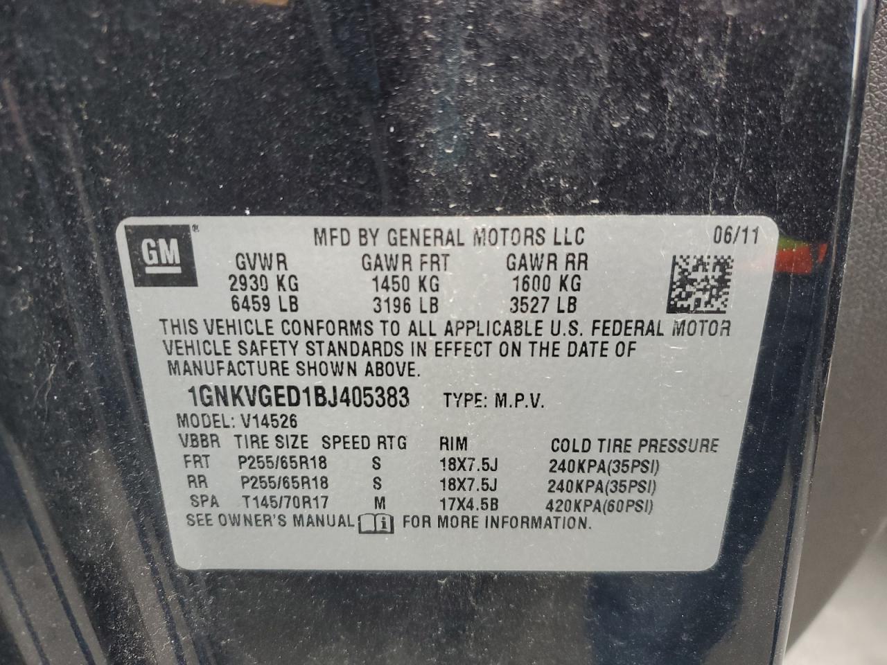 2011 Chevrolet Traverse Lt VIN: 1GNKVGED1BJ405383 Lot: 69504135