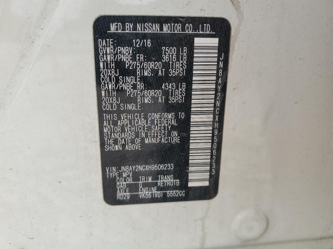 2017 Nissan Armada Sv VIN: JN8AY2NCXH9506233 Lot: 65835395