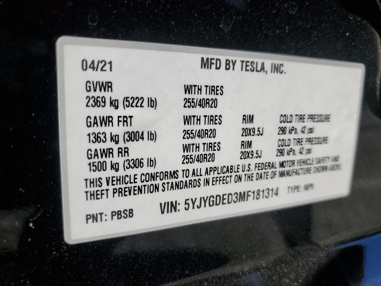 2021 Tesla Model Y VIN: 5YJYGDED3MF181314 Lot: 69292605