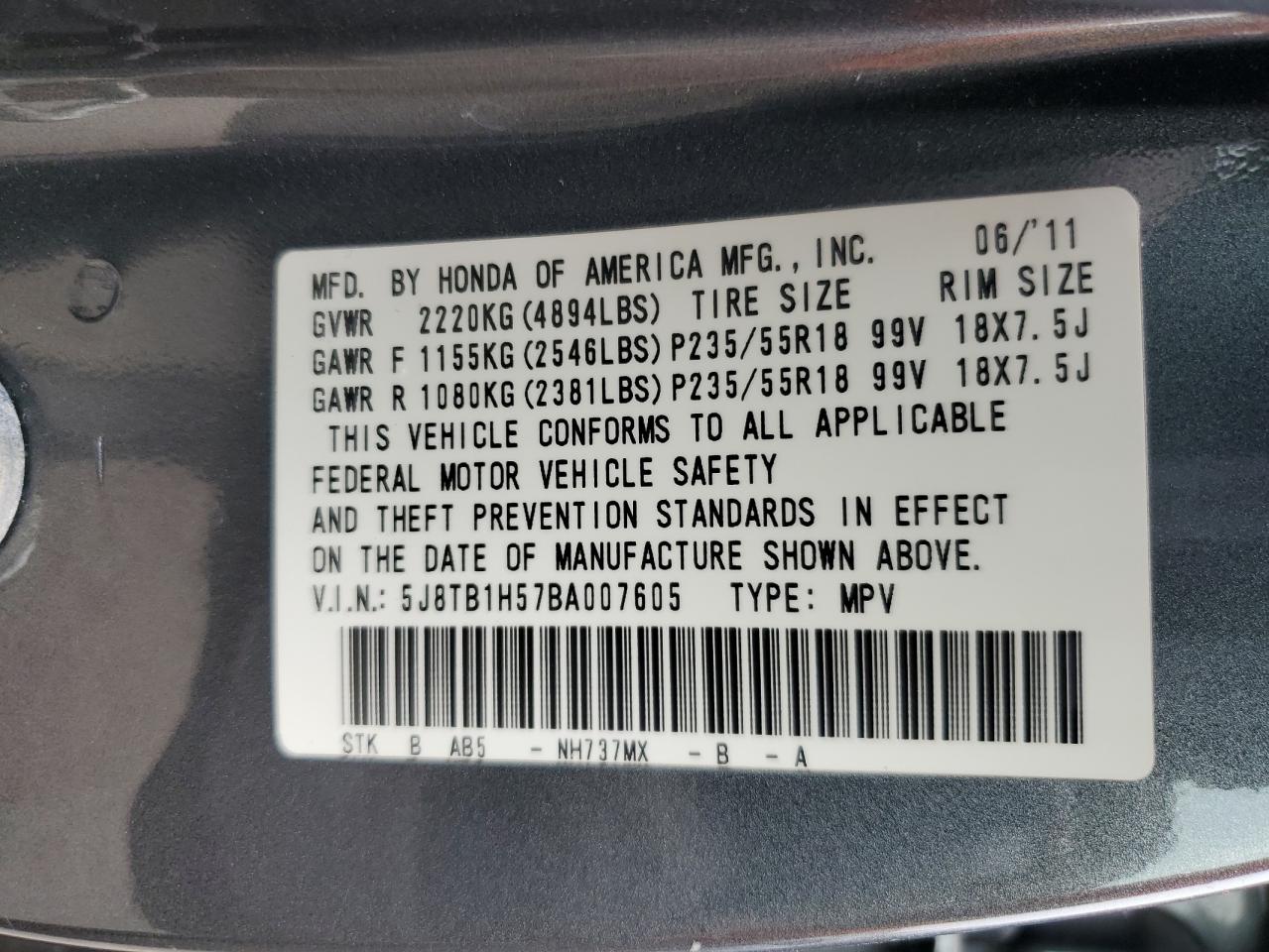 2011 Acura Rdx Technology VIN: 5J8TB1H57BA007605 Lot: 67716025