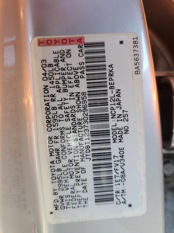 2003 Toyota Echo VIN: JTDBT123730296958 Lot: 67863275