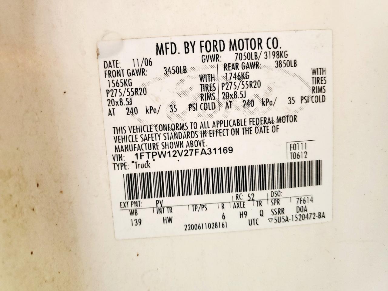 2007 Ford F150 Supercrew VIN: 1FTPW12V27FA31169 Lot: 70555925