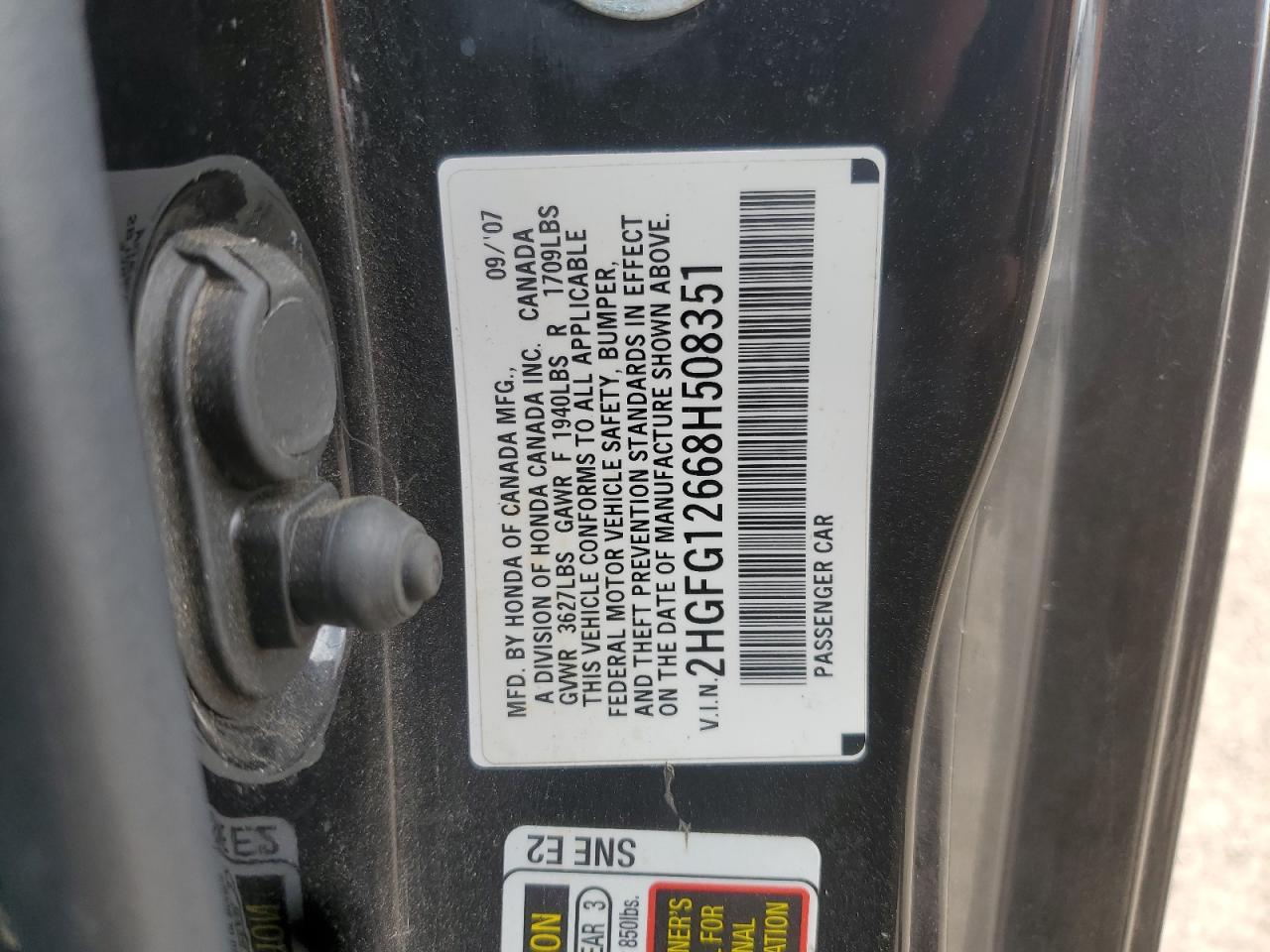 2008 Honda Civic Lx VIN: 2HGFG12668H508351 Lot: 67261095