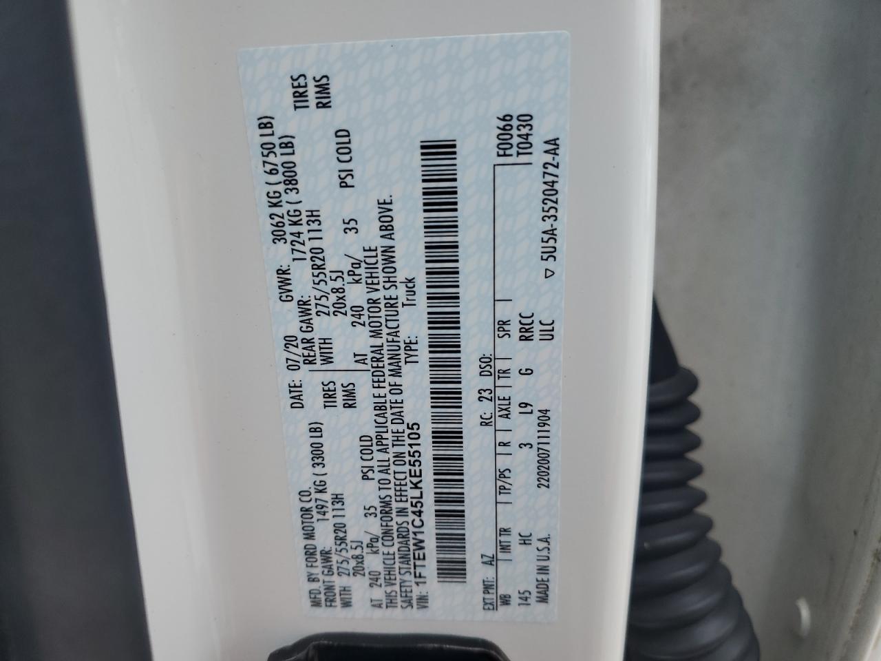 2020 Ford F150 Supercrew VIN: 1FTEW1C45LKE55105 Lot: 70207915