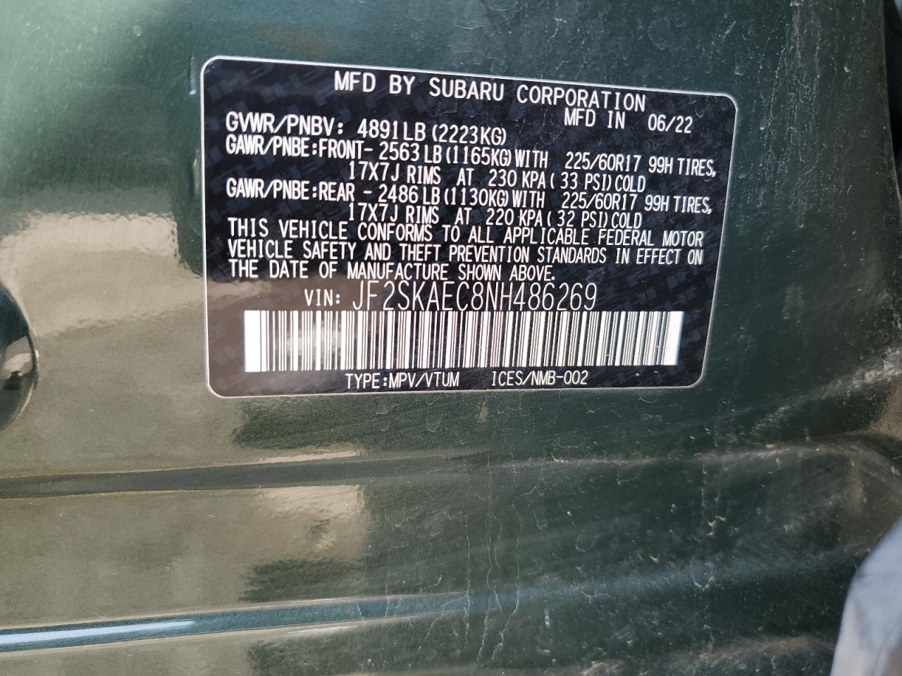 2022 Subaru Forester Premium VIN: JF2SKAEC8NH486269 Lot: 68756325