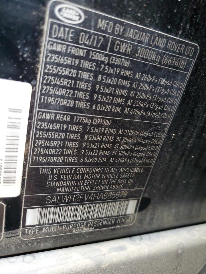 2017 Land Rover Range Rover Sport Hse VIN: SALWR2FV4HA685679 Lot: 67426345
