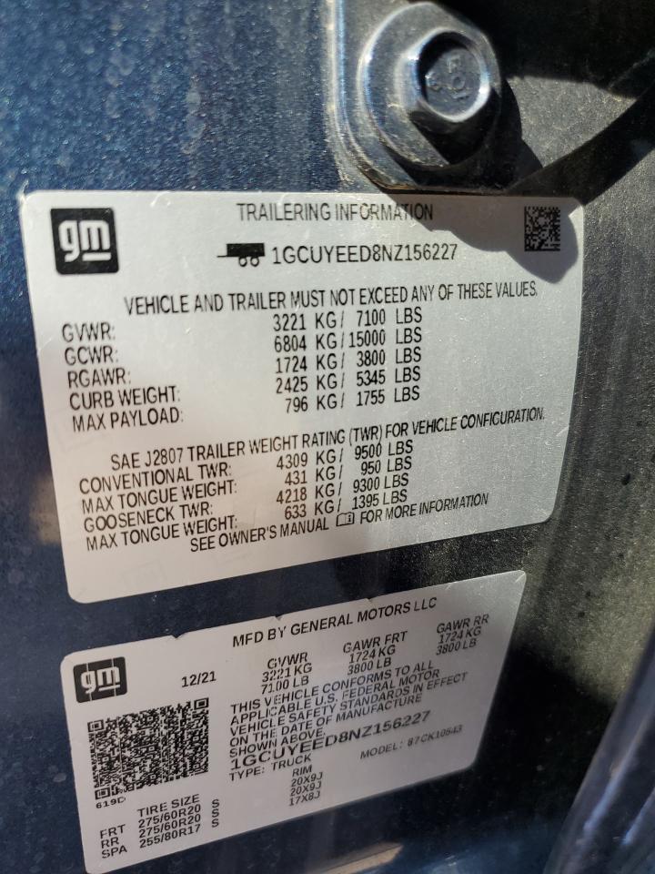 2022 Chevrolet Silverado Ltd K1500 Rst VIN: 1GCUYEED8NZ156227 Lot: 67384415