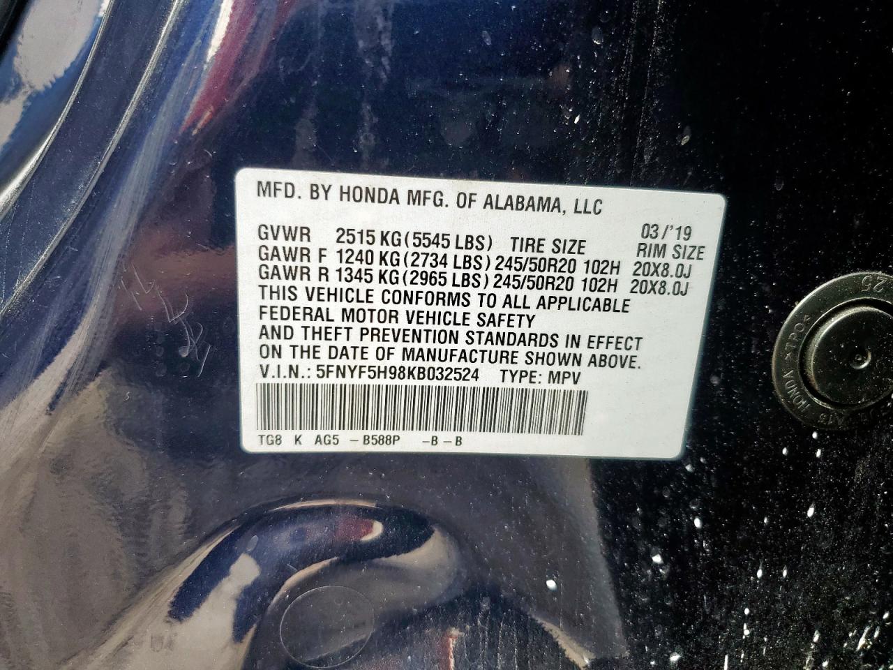 2019 Honda Pilot Touring VIN: 5FNYF5H98KB032524 Lot: 71437105