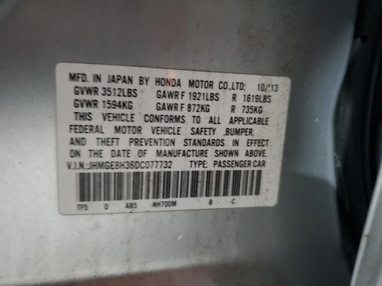 2013 Honda Fit VIN: JHMGE8H36DC077732 Lot: 71114865