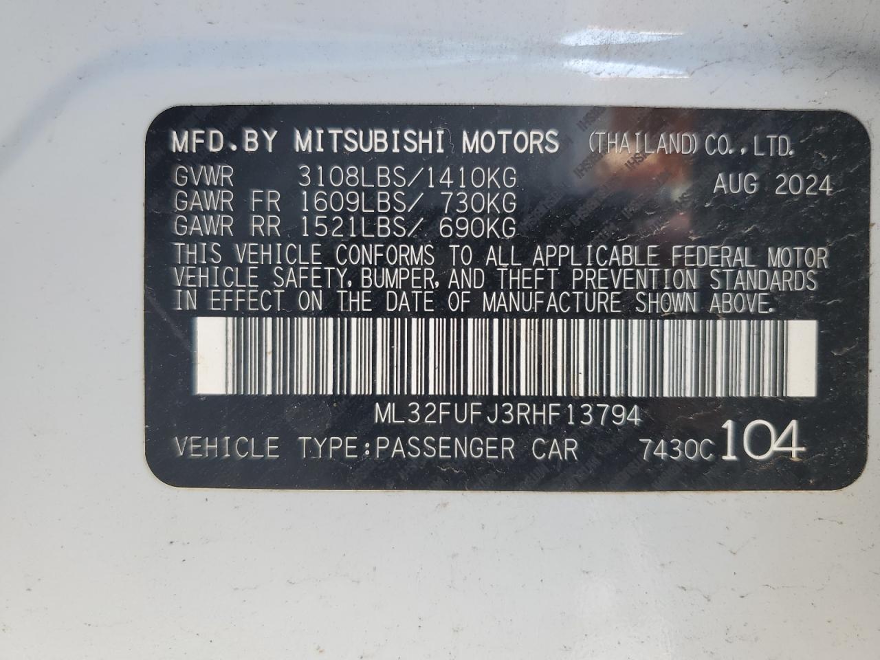 2024 Mitsubishi Mirage G4 Es VIN: ML32FUFJ3RHF13794 Lot: 67367555