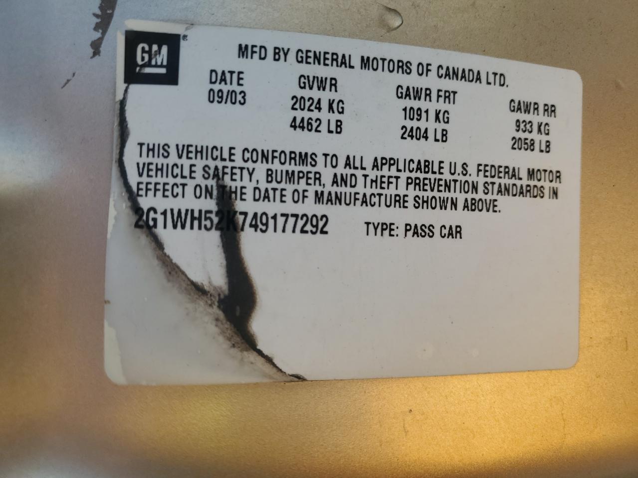 2004 Chevrolet Impala Ls VIN: 2G1WH52K749177292 Lot: 68552385