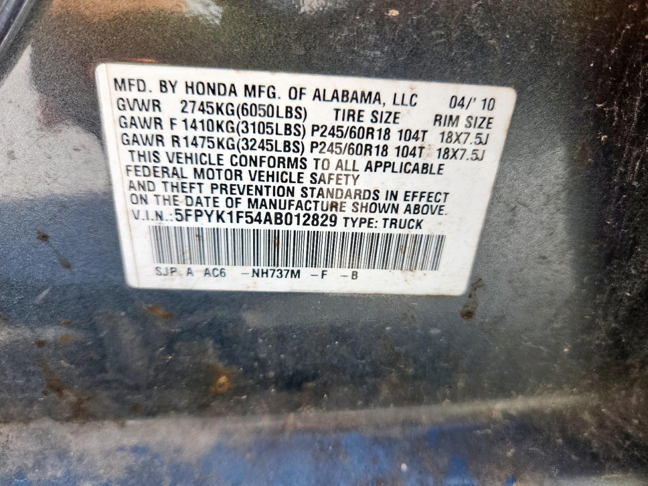 2010 Honda Ridgeline Rtl VIN: 5FPYK1F54AB012829 Lot: 67602315