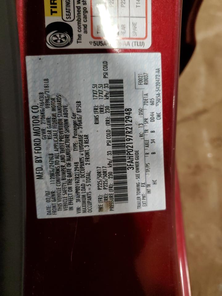 2007 Ford Fusion Sel VIN: 3FAHP02197R212948 Lot: 69412605