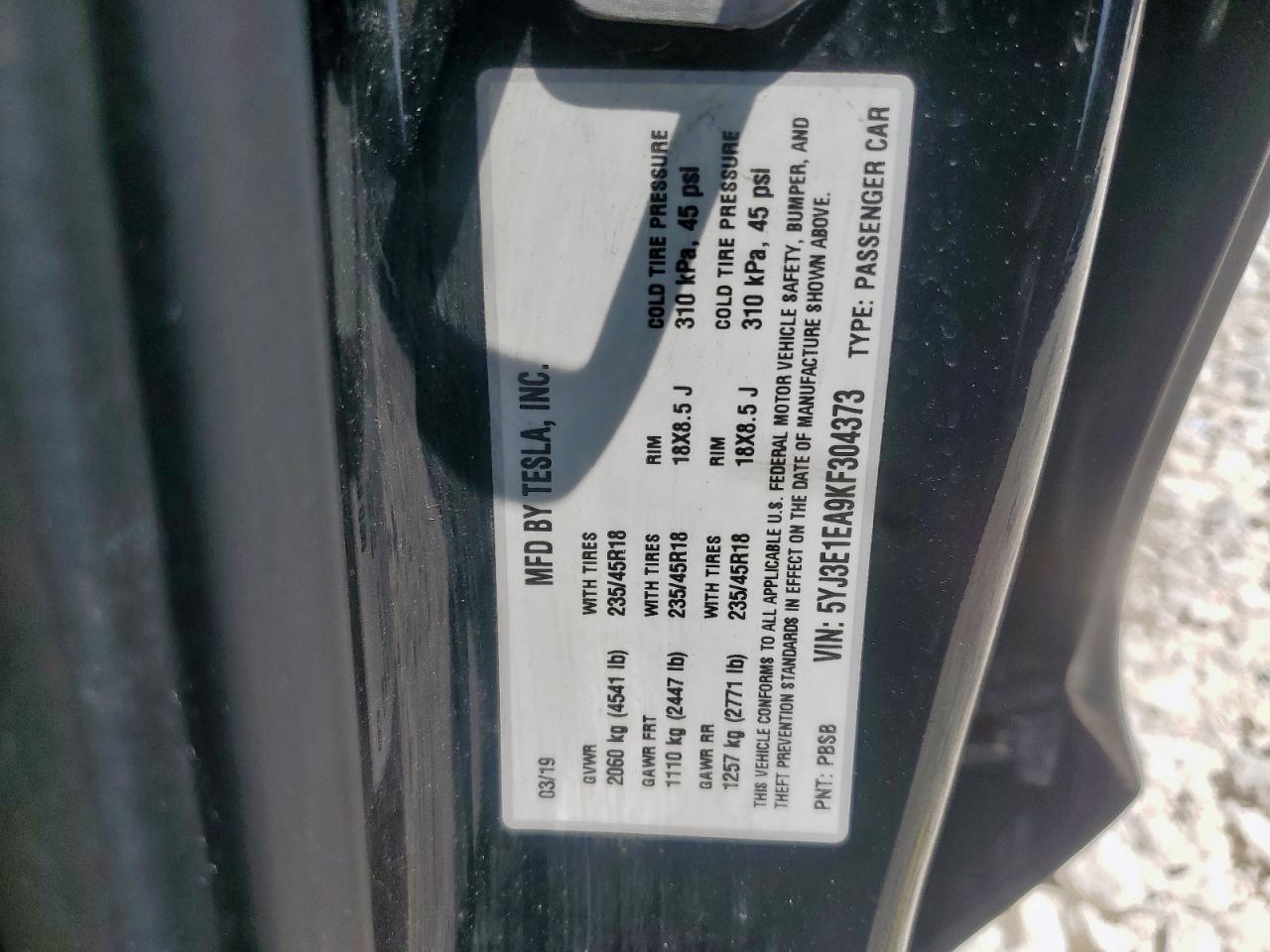 2019 Tesla Model 3 VIN: 5YJ3E1EA9KF304373 Lot: 70335215