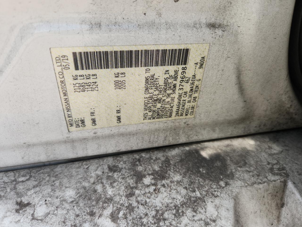 2019 Nissan Maxima S VIN: 1N4AA6AV0KC379698 Lot: 70567705