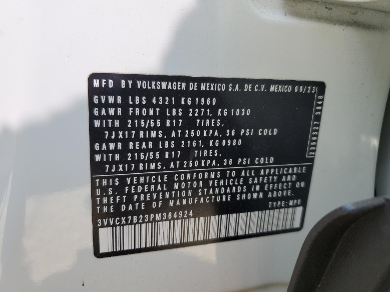 2023 Volkswagen Taos S VIN: 3VVCX7B23PM364924 Lot: 70707275