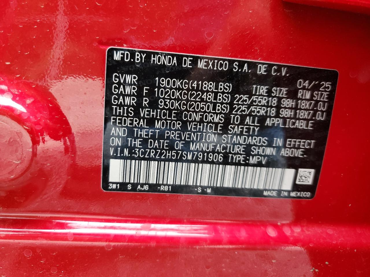 2025 Honda Hr-V Sport VIN: 3CZRZ2H57SM791906 Lot: 69986665