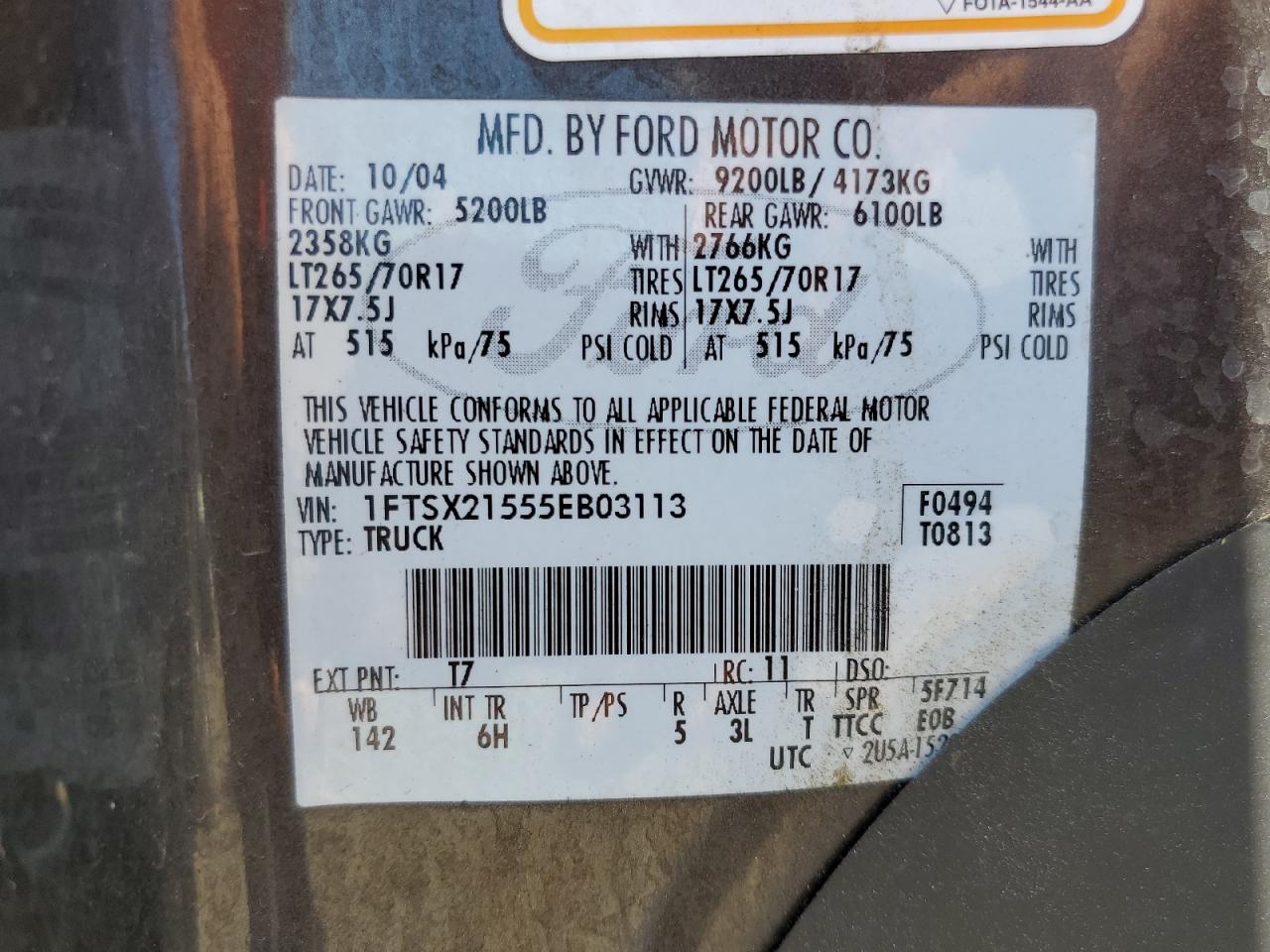 2005 Ford F250 Super Duty VIN: 1FTSX21555EB03113 Lot: 70294075