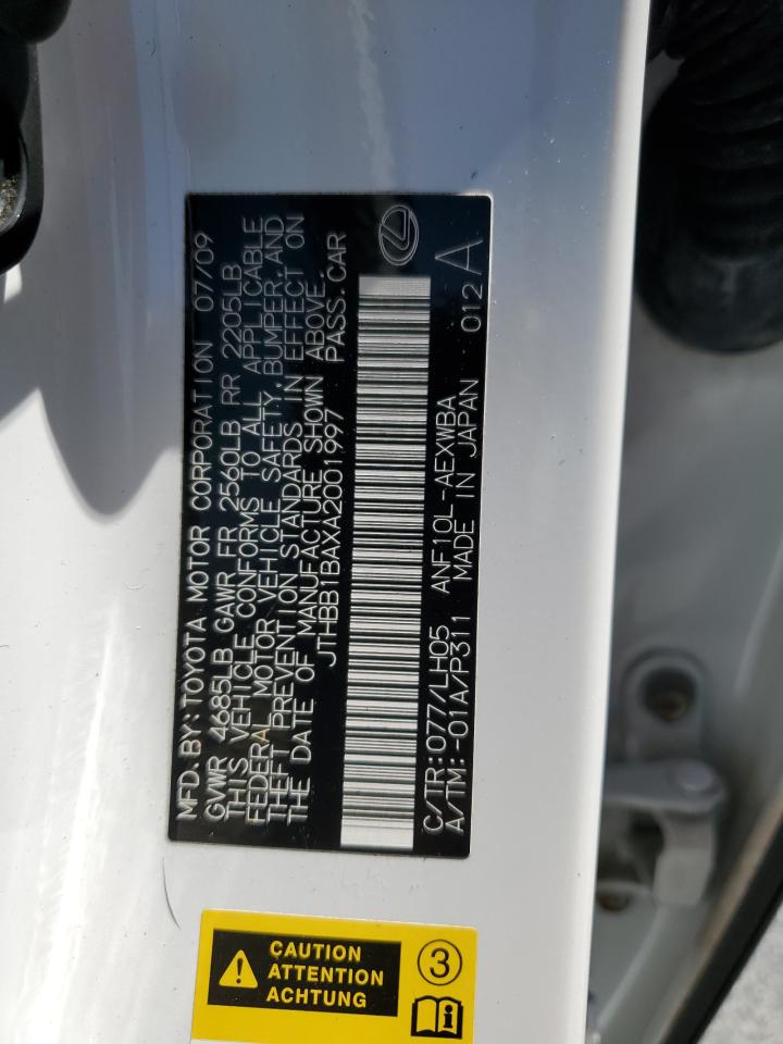 2010 Lexus Hs 250H VIN: JTHBB1BAXA2001997 Lot: 70546285