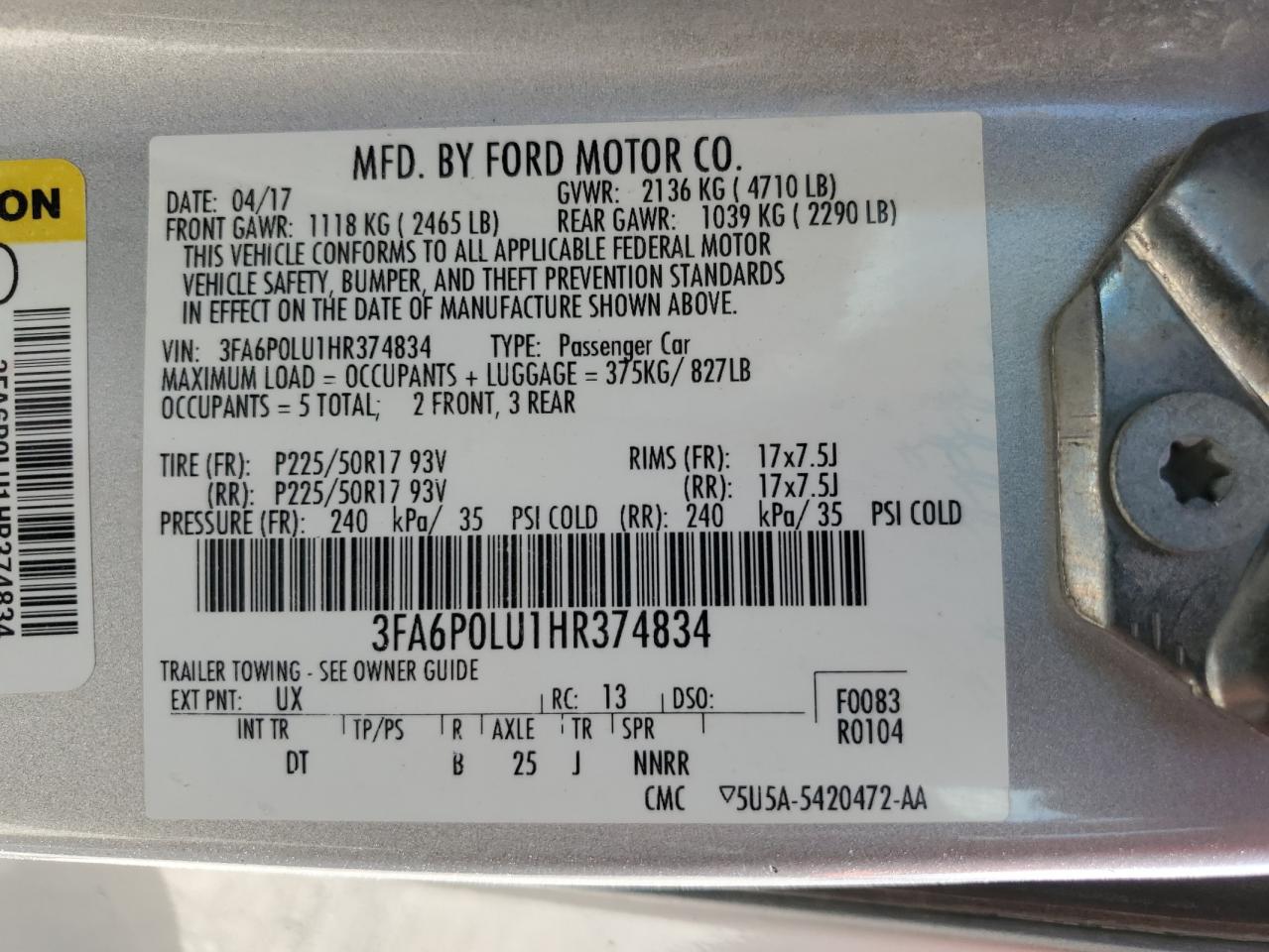 2017 Ford Fusion Se Hybrid VIN: 3FA6P0LU1HR374834 Lot: 68017095