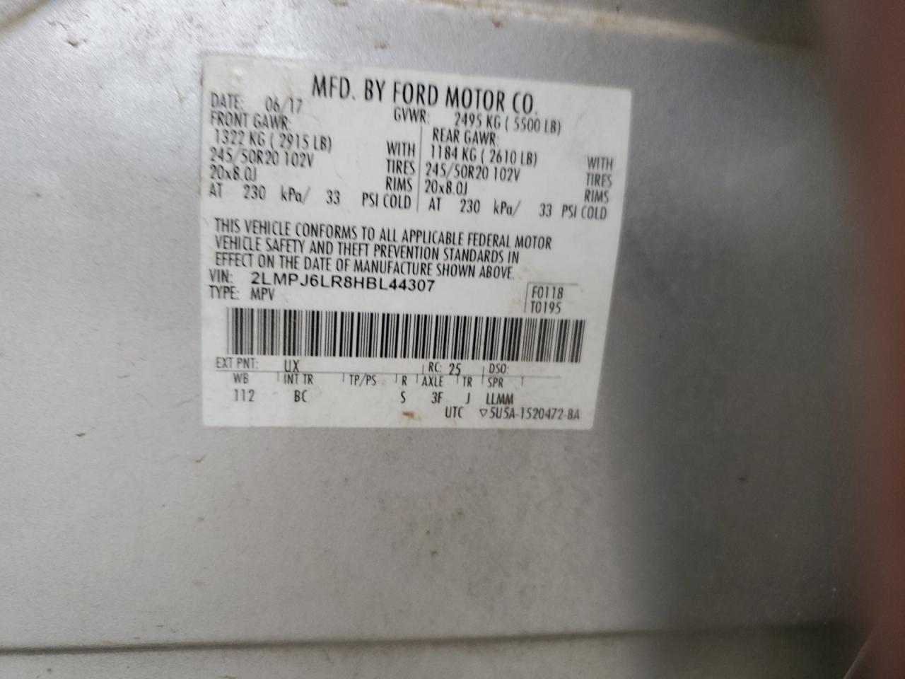 2017 Lincoln Mkx Reserve VIN: 2LMPJ6LR8HBL44307 Lot: 70634595