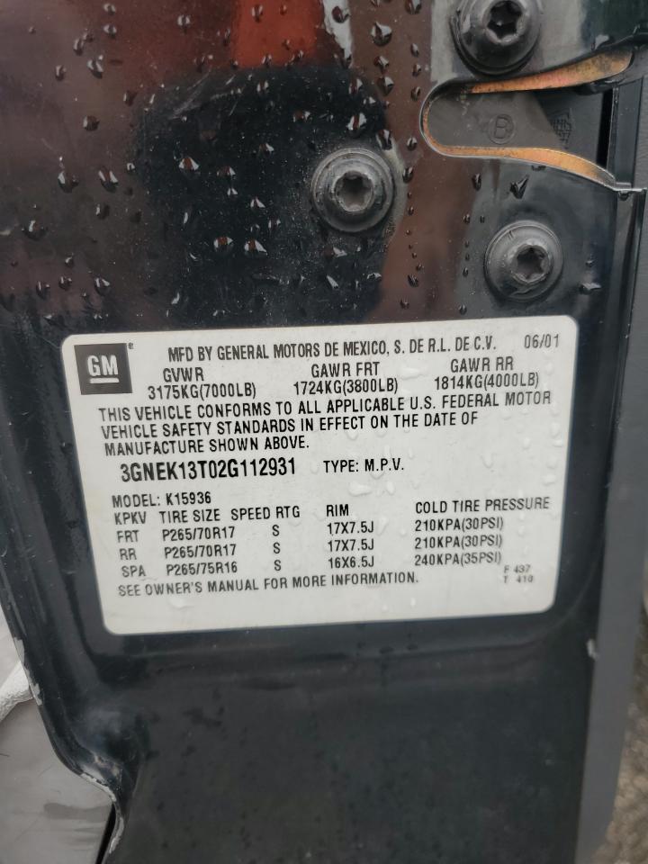 2002 Chevrolet Avalanche K1500 VIN: 3GNEK13T02G112930 Lot: 67613785