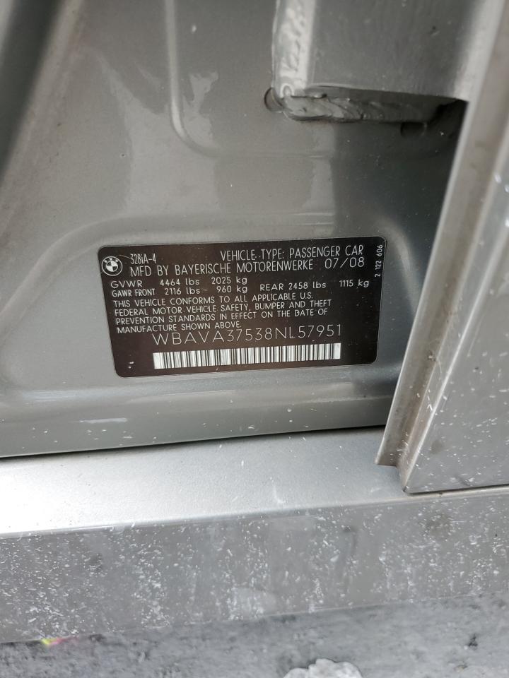 2008 BMW 328 I VIN: WBAVA37538NL57951 Lot: 68593305