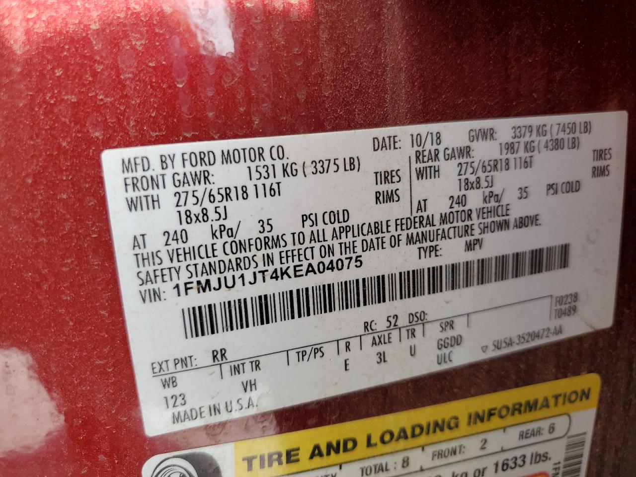 2019 Ford Expedition Xlt VIN: 1FMJU1JT4KEA04075 Lot: 69390685