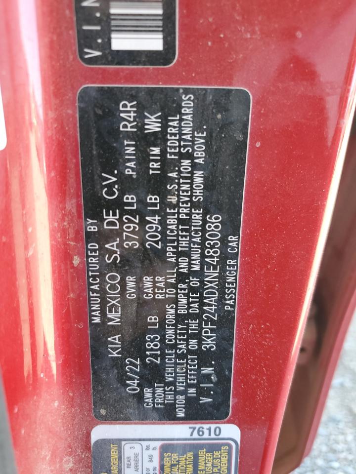 2022 Kia Forte Fe VIN: 3KPF24ADXNE483086 Lot: 68446755