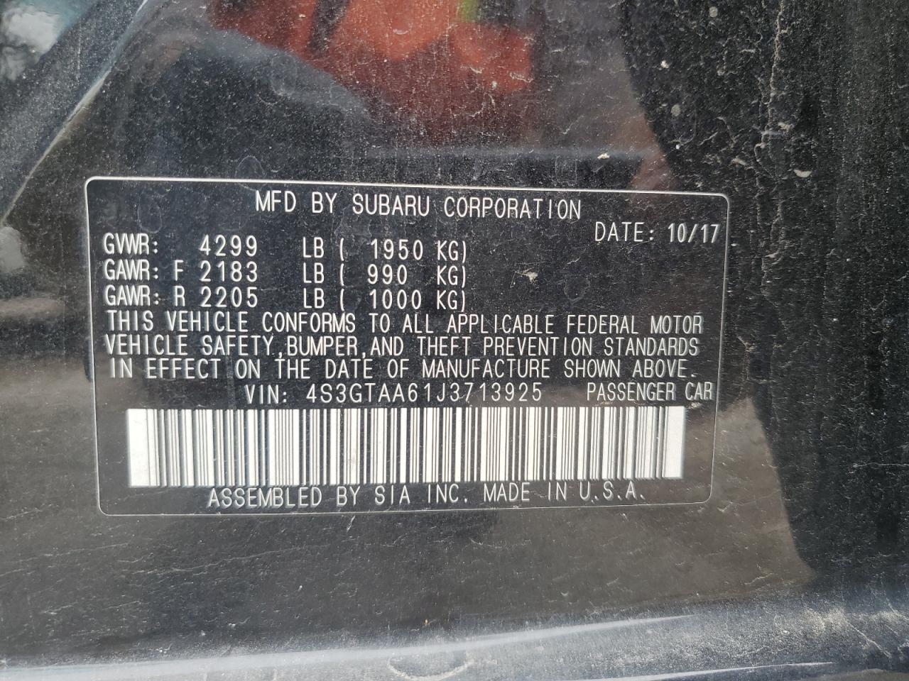 2018 Subaru Impreza VIN: 4S3GTAA61J3713925 Lot: 69773805