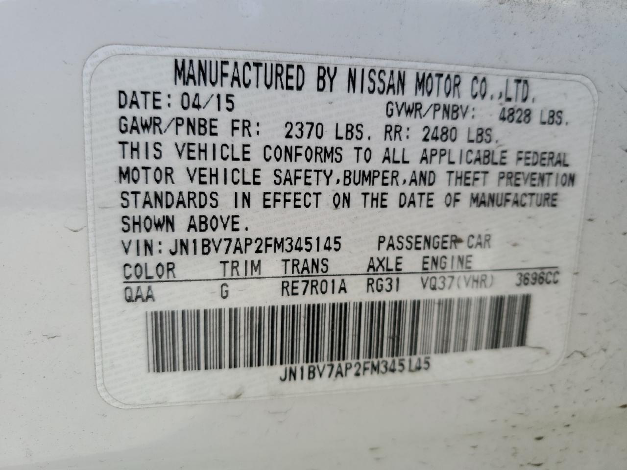 2015 Infiniti Q50 Base VIN: JN1BV7AP2FM345145 Lot: 67417395