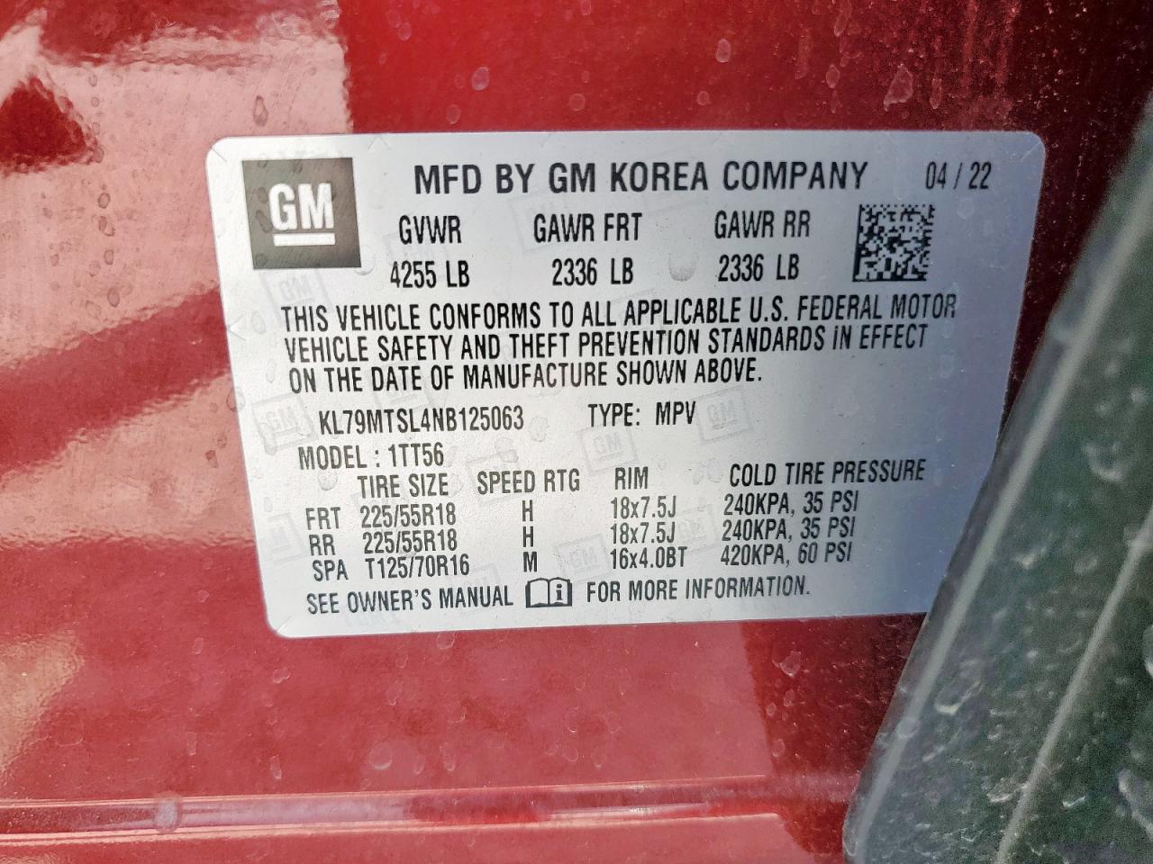 2022 Chevrolet Trailblazer Rs VIN: KL79MTSL4NB125063 Lot: 68546495