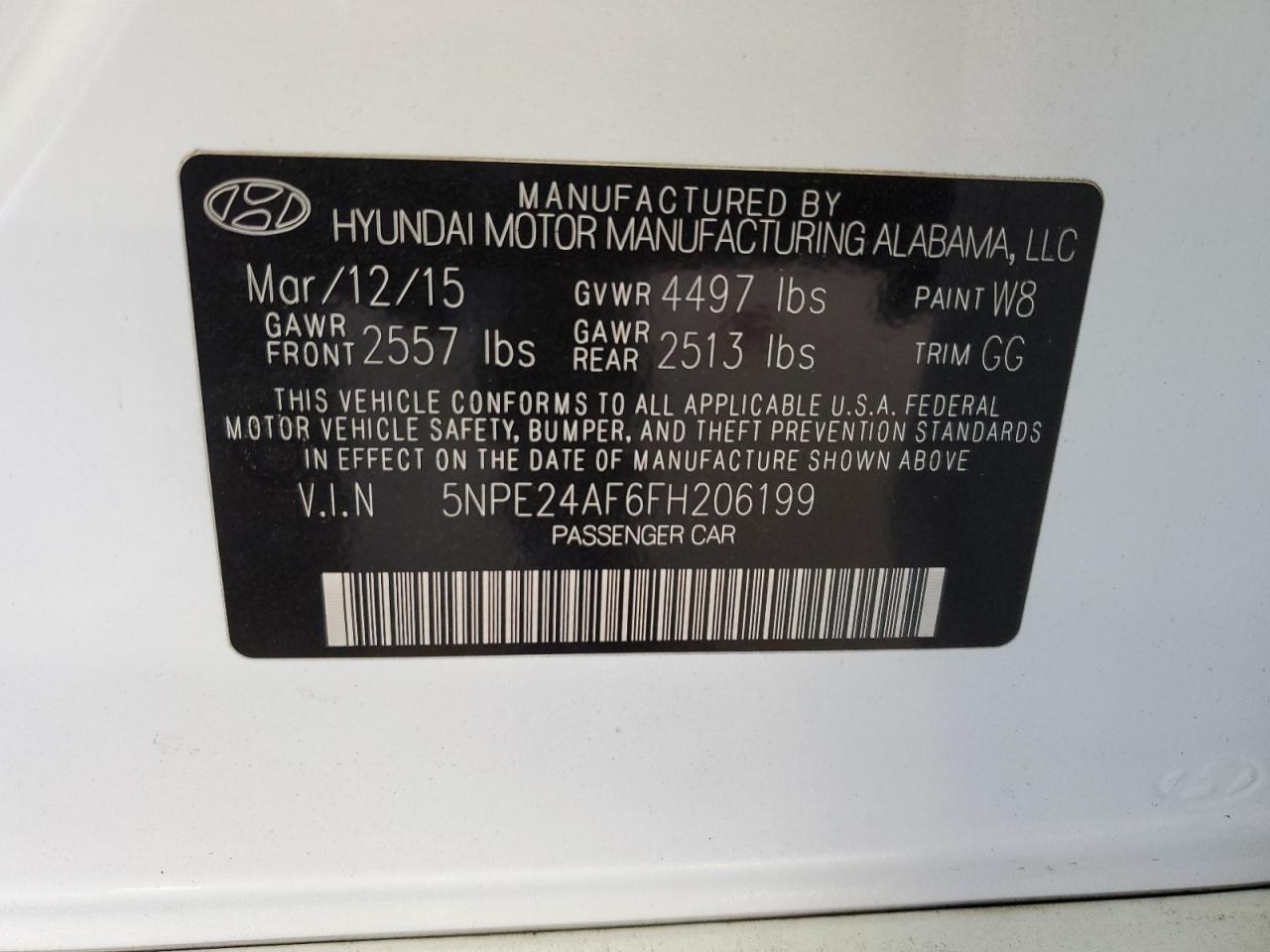 2015 Hyundai Sonata Se VIN: 5NPE24AF6FH206199 Lot: 70022615