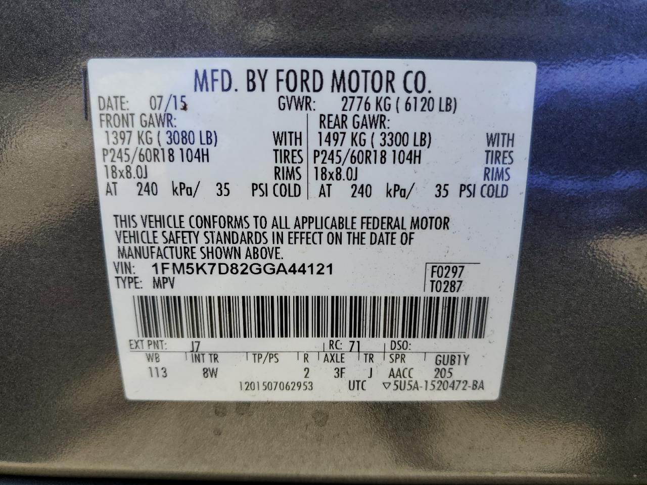 2016 Ford Explorer Xlt VIN: 1FM5K7D82GGA44121 Lot: 83970765