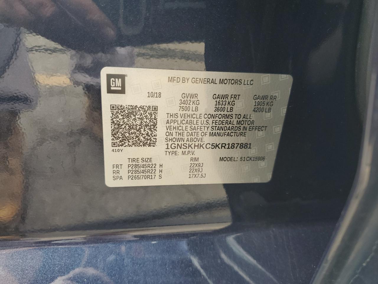 2019 Chevrolet Suburban K1500 Lt VIN: 1GNSKHKC5KR187881 Lot: 71049705