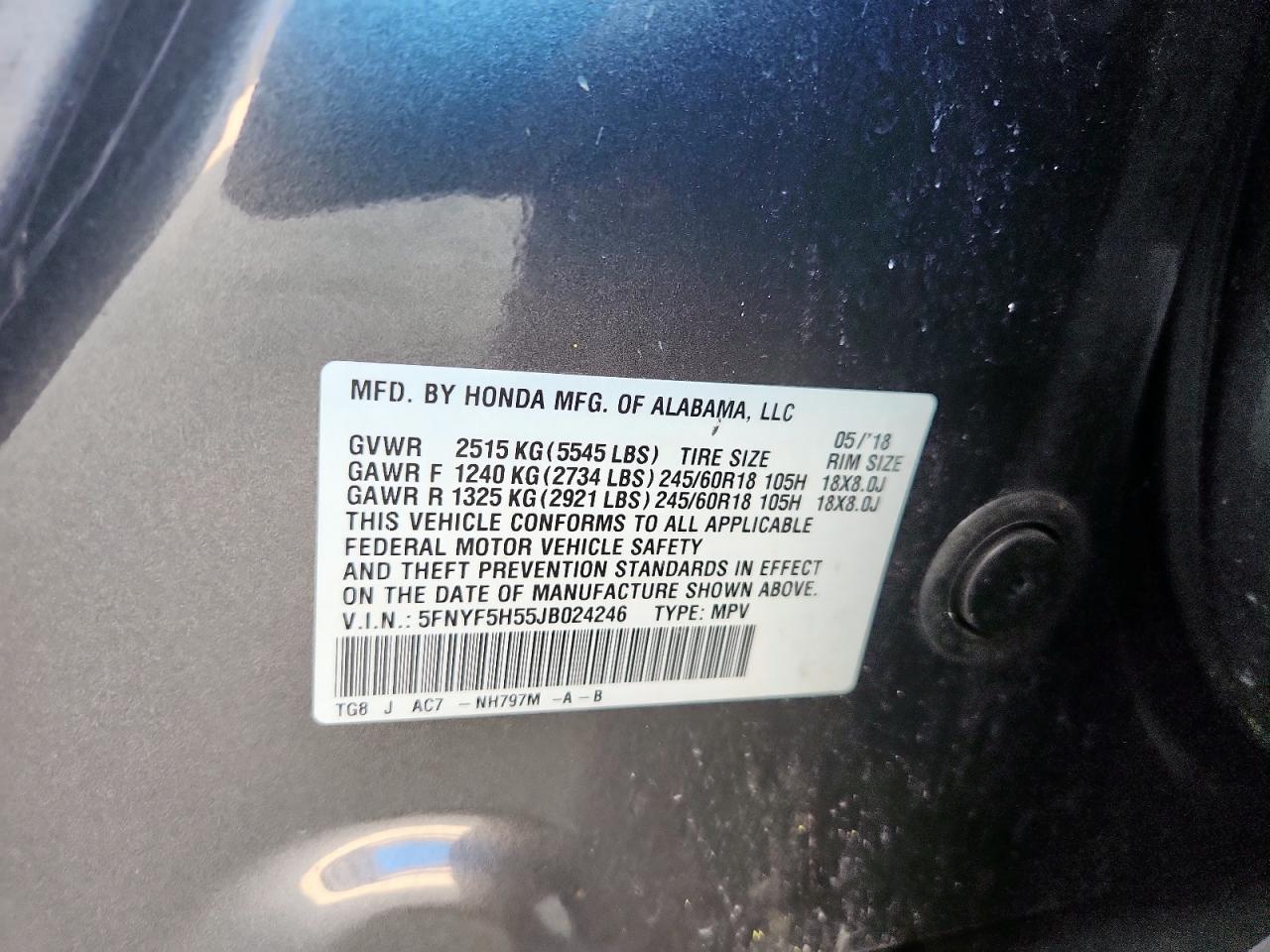 2018 Honda Pilot Exl VIN: 5FNYF5H55JB024246 Lot: 67305895