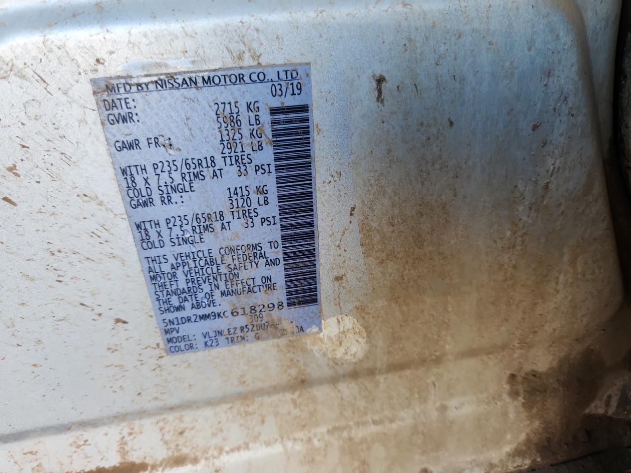 2019 Nissan Pathfinder S VIN: 5N1DR2MM9KC618298 Lot: 69760145