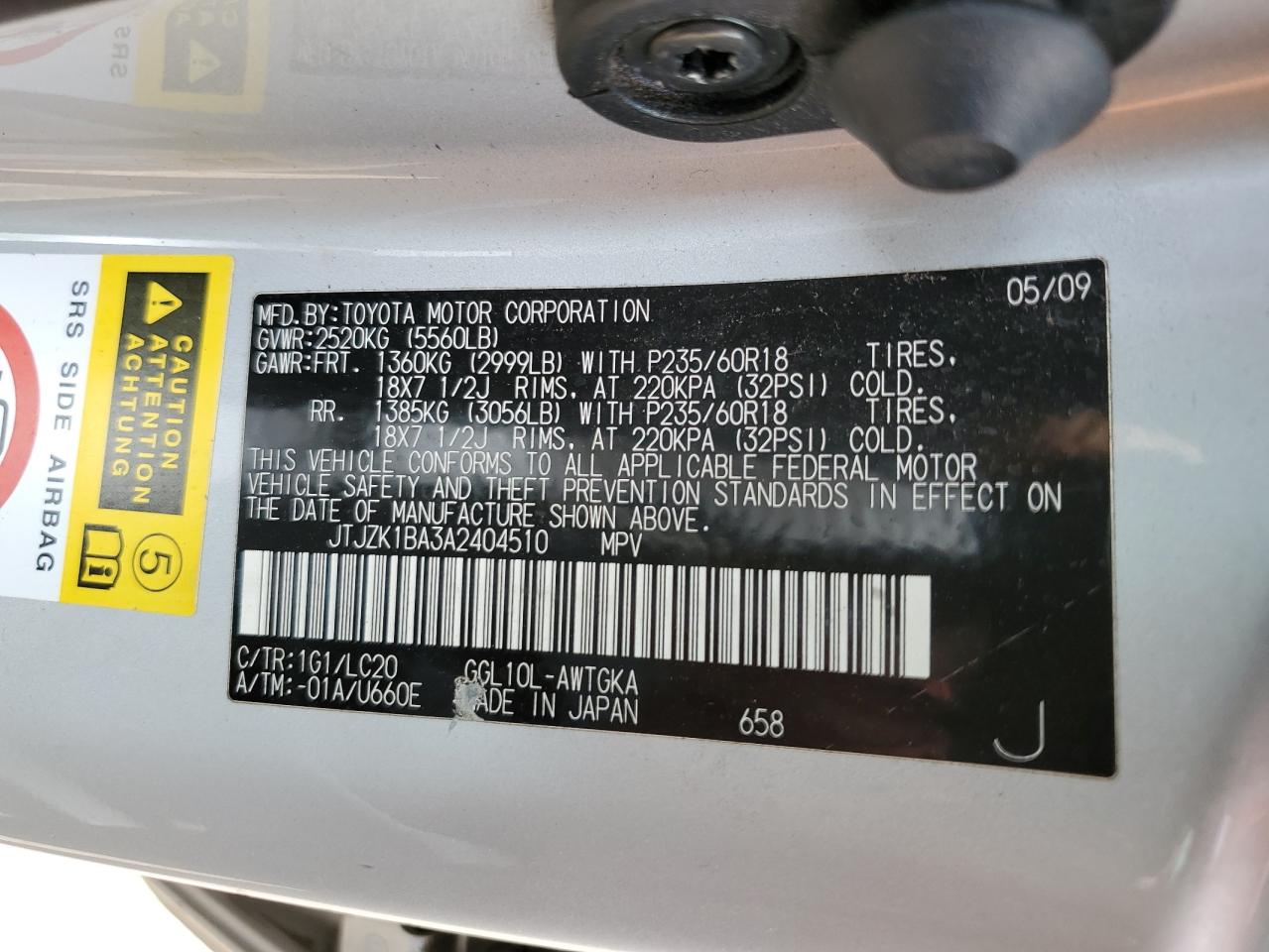 2010 Lexus Rx 350 VIN: JTJZK1BA3A2404510 Lot: 67645225