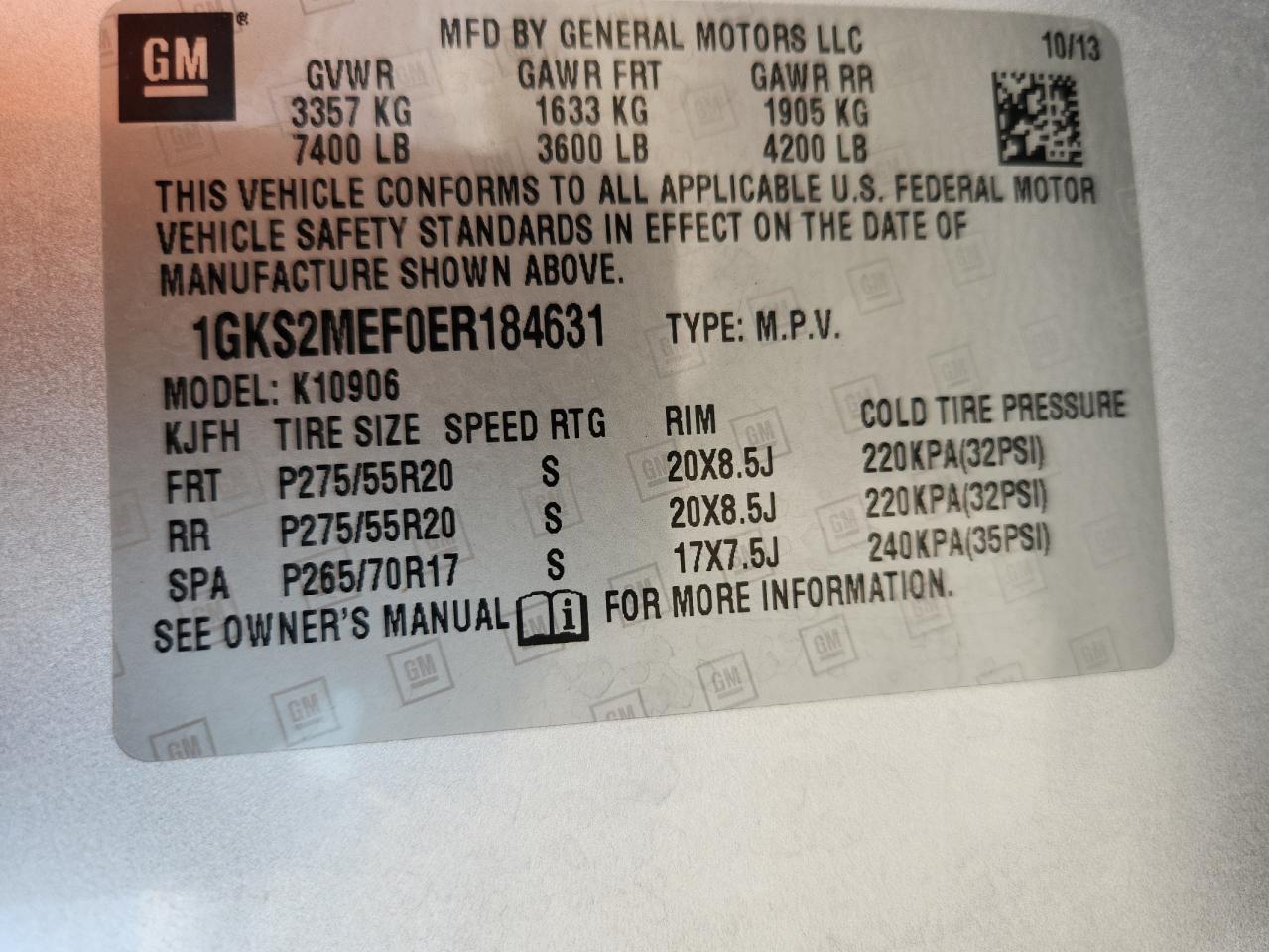 2014 GMC Yukon Xl Denali VIN: 1GKS2MEF0ER184631 Lot: 70229705